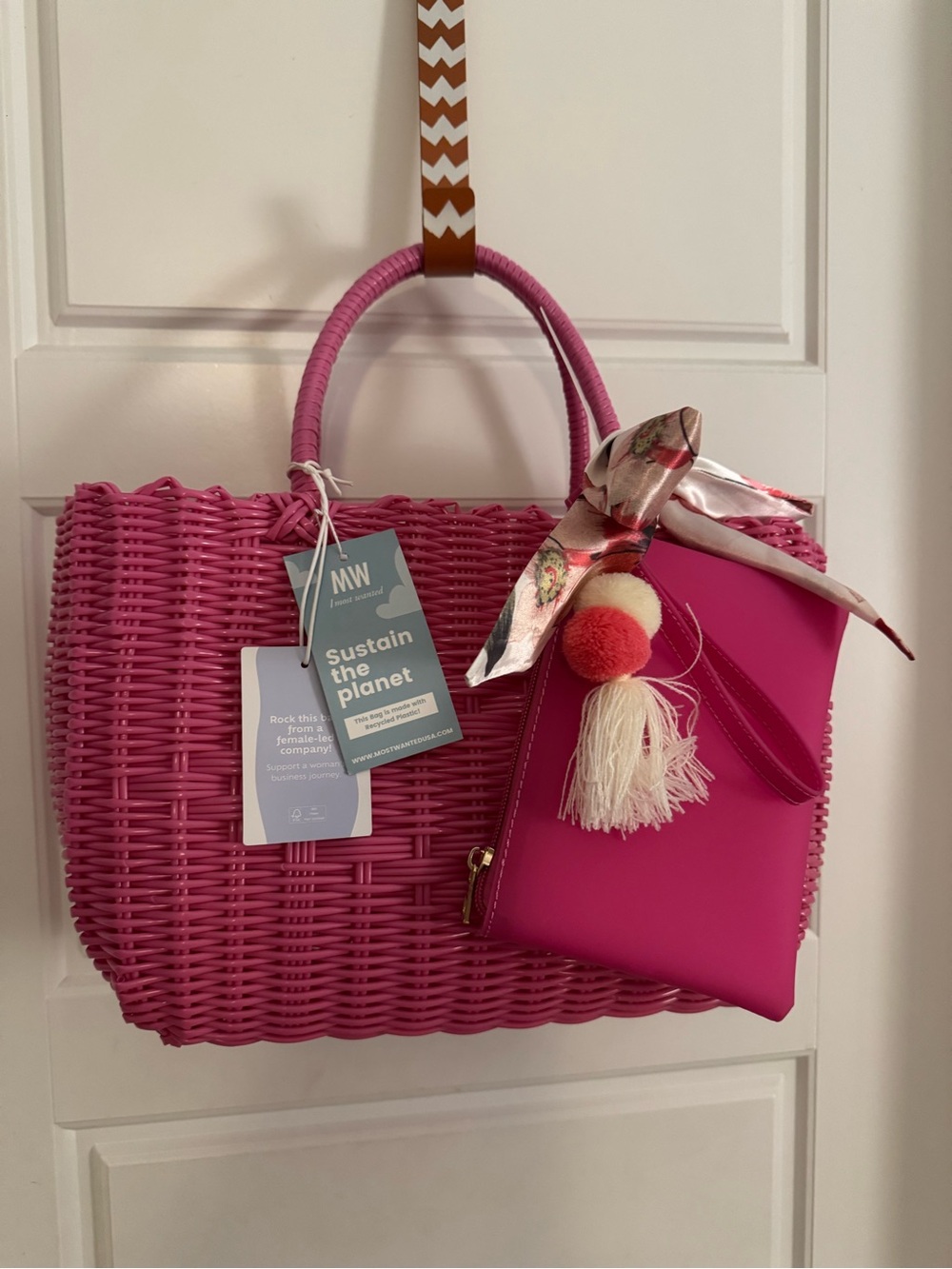 Pink Woven Tote Bag with Pom-Pom Pouch - Most Wanted - NWT!